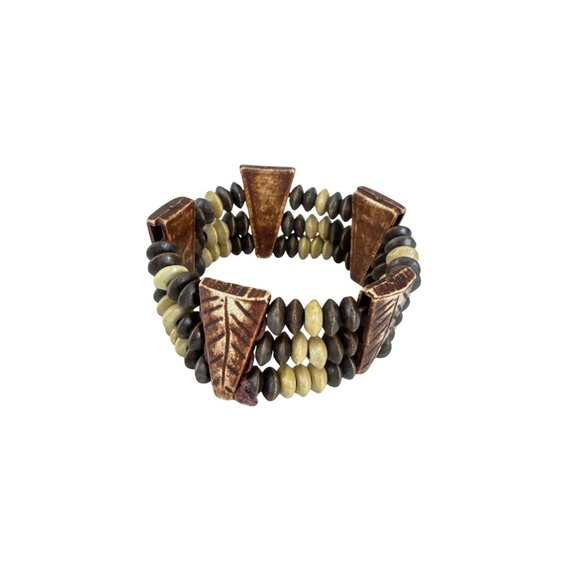 Tribal Style Stretch Bracelet Carved Wood Beads Natural Earth Tone Boho Chunky - Picture 5 of 7